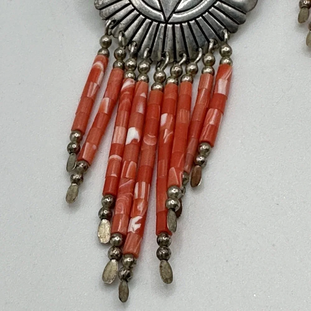 Navajo Sterling Silver Coral Dangle Earrings TK Emerson Southwestern Pierced 3